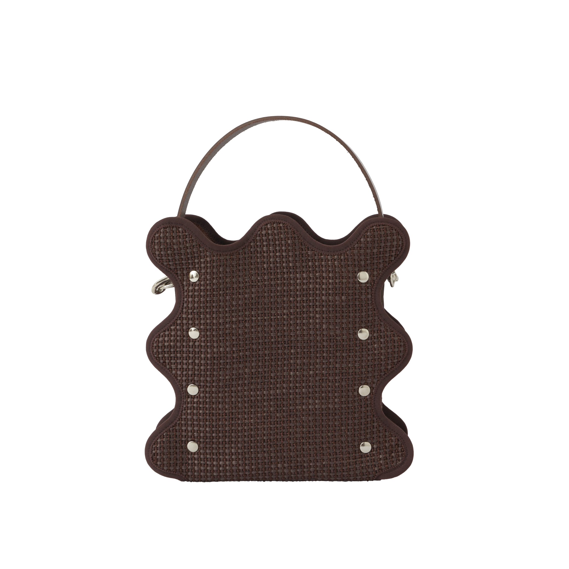 nori enomoto mardi matin チェーンストラップ付きのバケット型バッグ。350mlペットボトルが収まるマチあり。Dカン付きでチャームの取り付けも可能。和装や結婚式、フォーマルシーンにも対応。